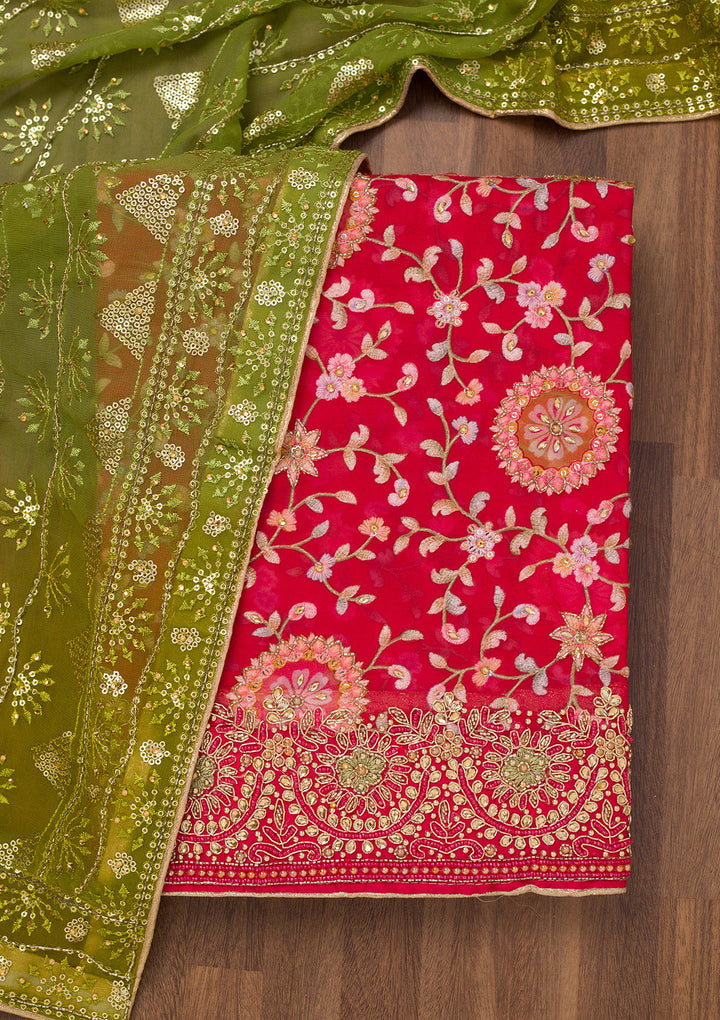 Red Threadwork Semi Crepe Unstitched Salwar Suit