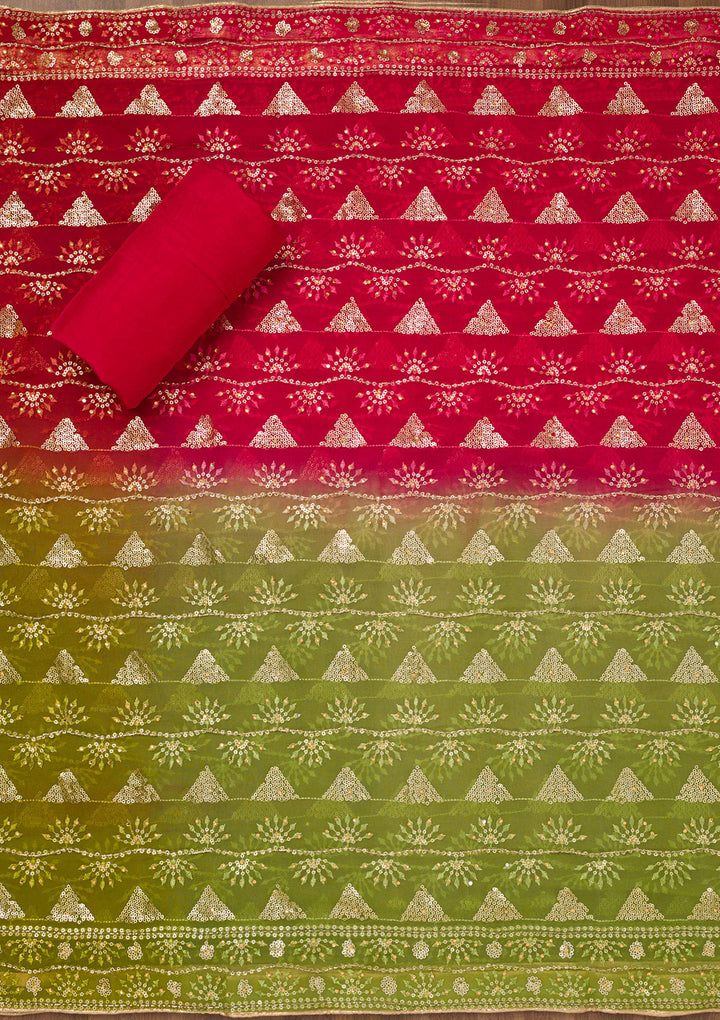 Red Threadwork Semi Crepe Unstitched Salwar Suit