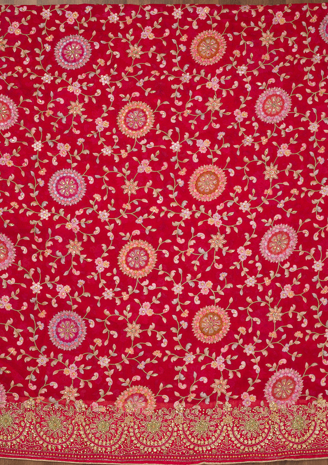 Red Threadwork Semi Crepe Unstitched Salwar Suit