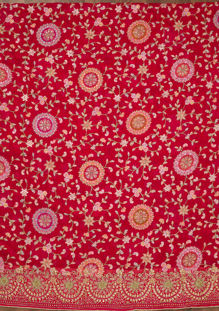 Red Threadwork Semi Crepe Unstitched Salwar Suit