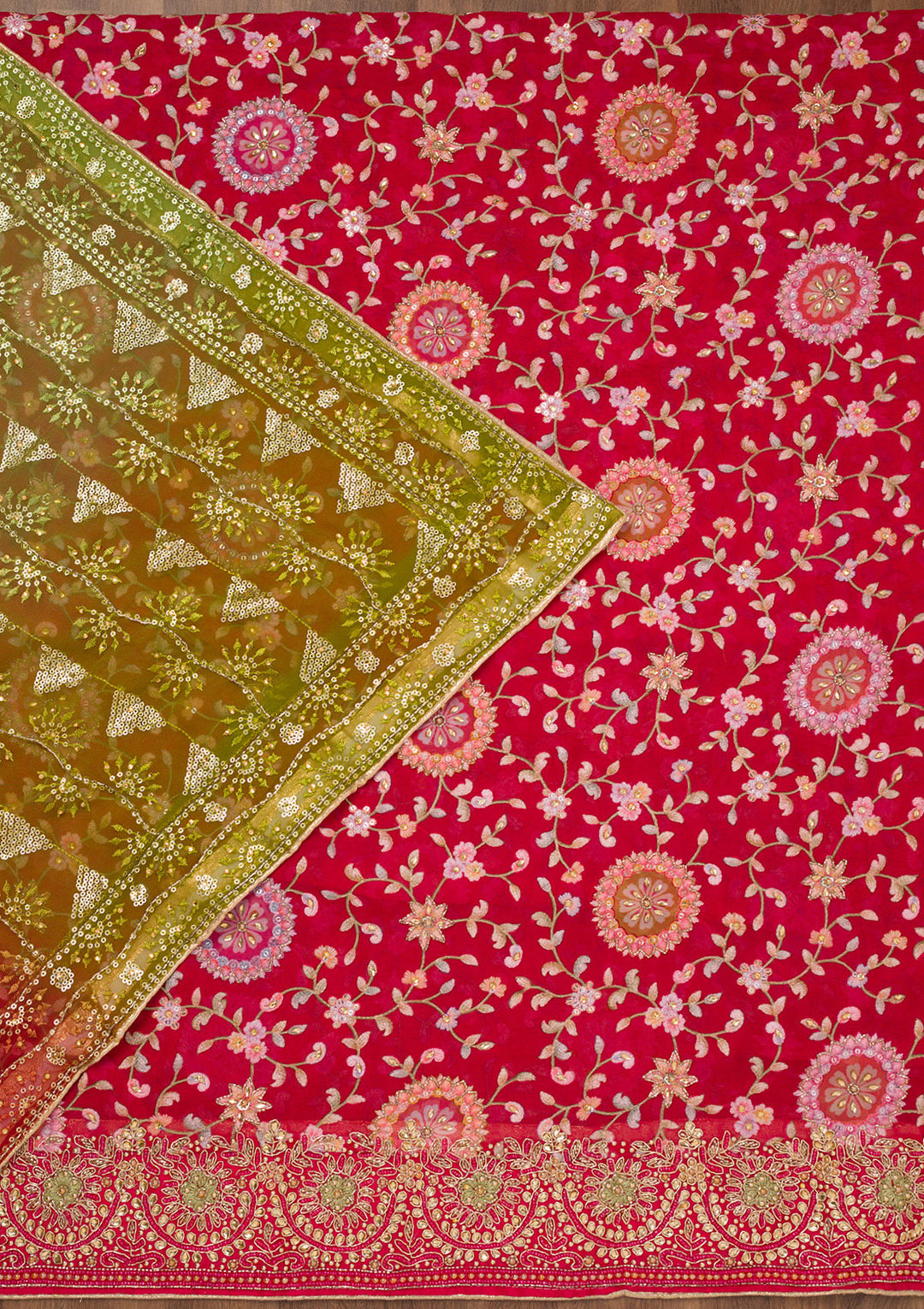 Red Threadwork Semi Crepe Unstitched Salwar Suit