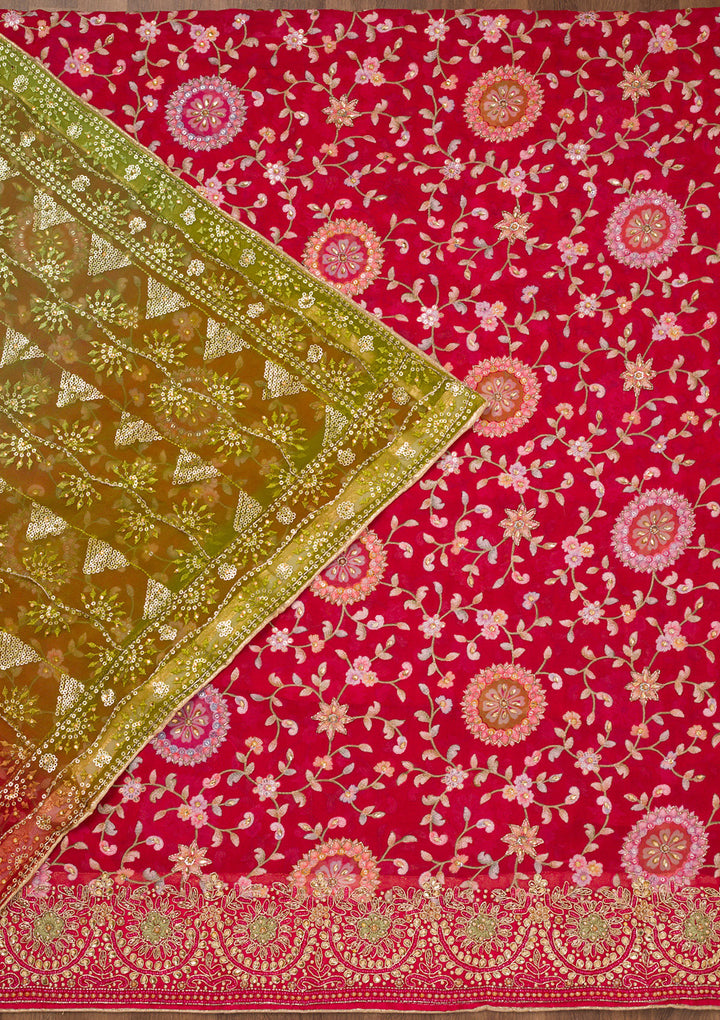 Red Threadwork Semi Crepe Unstitched Salwar Suit