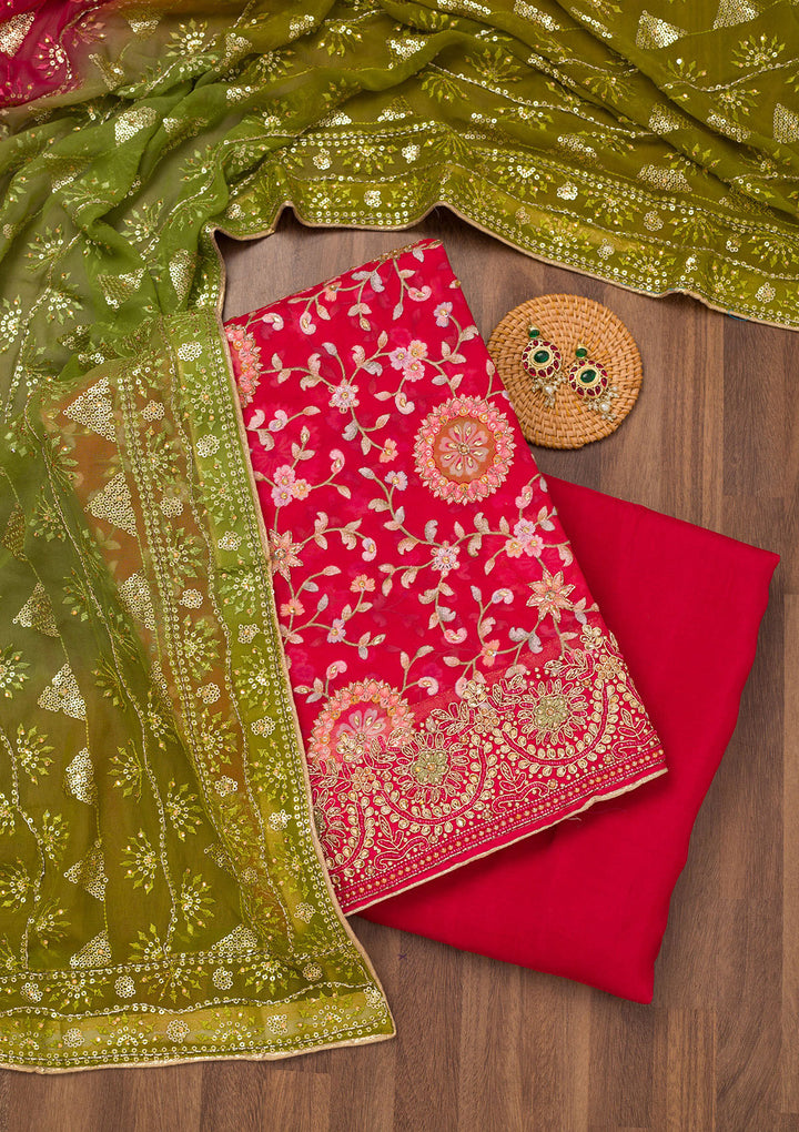 Red Threadwork Semi Crepe Unstitched Salwar Suit
