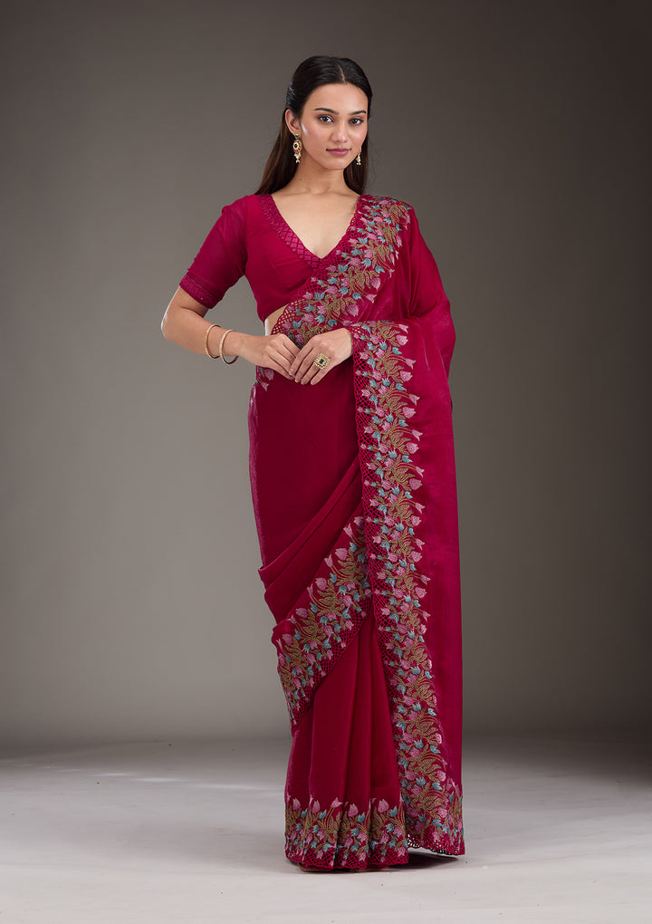 Red Threadwork Tissue Saree