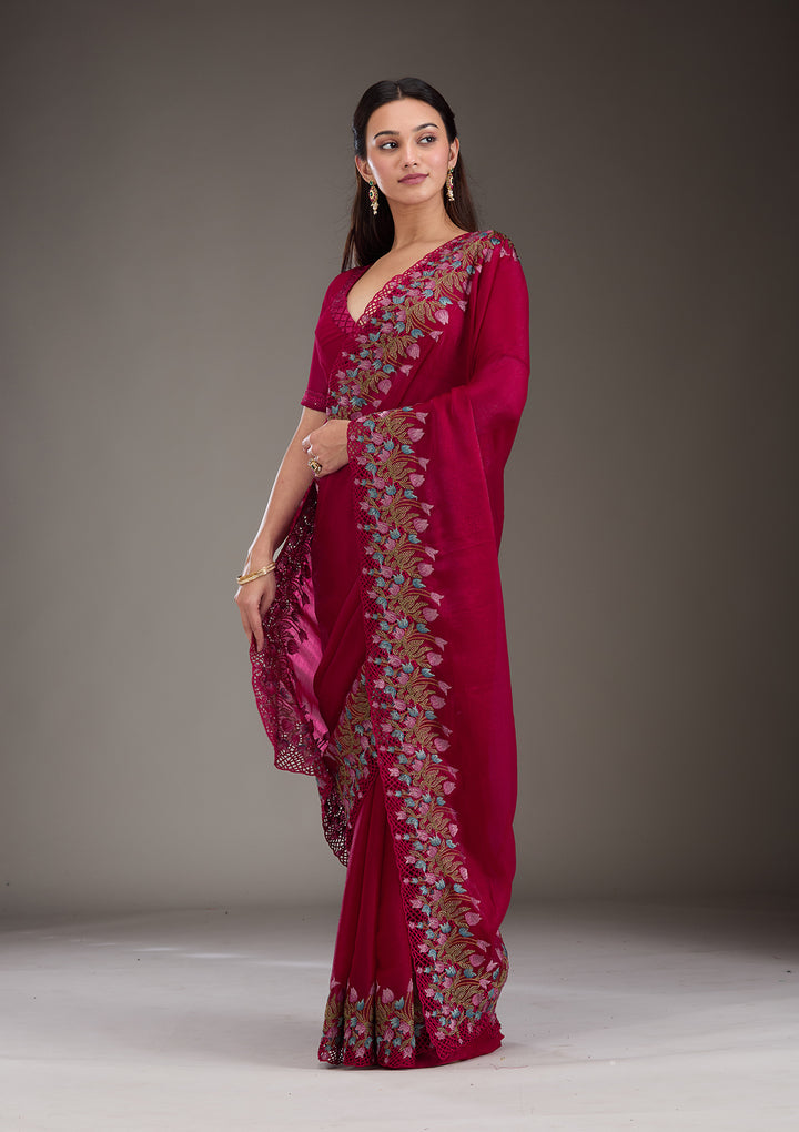 Red Threadwork Tissue Saree