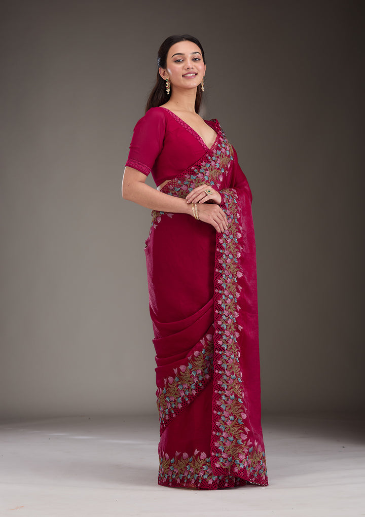 Red Threadwork Tissue Saree