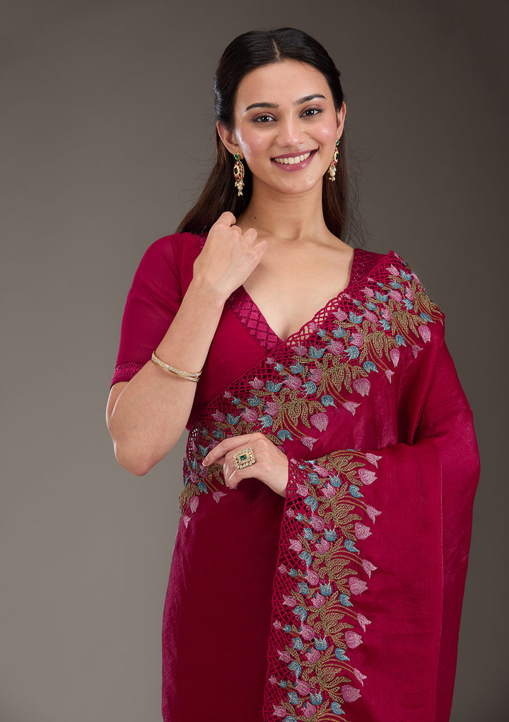 Red Threadwork Tissue Saree