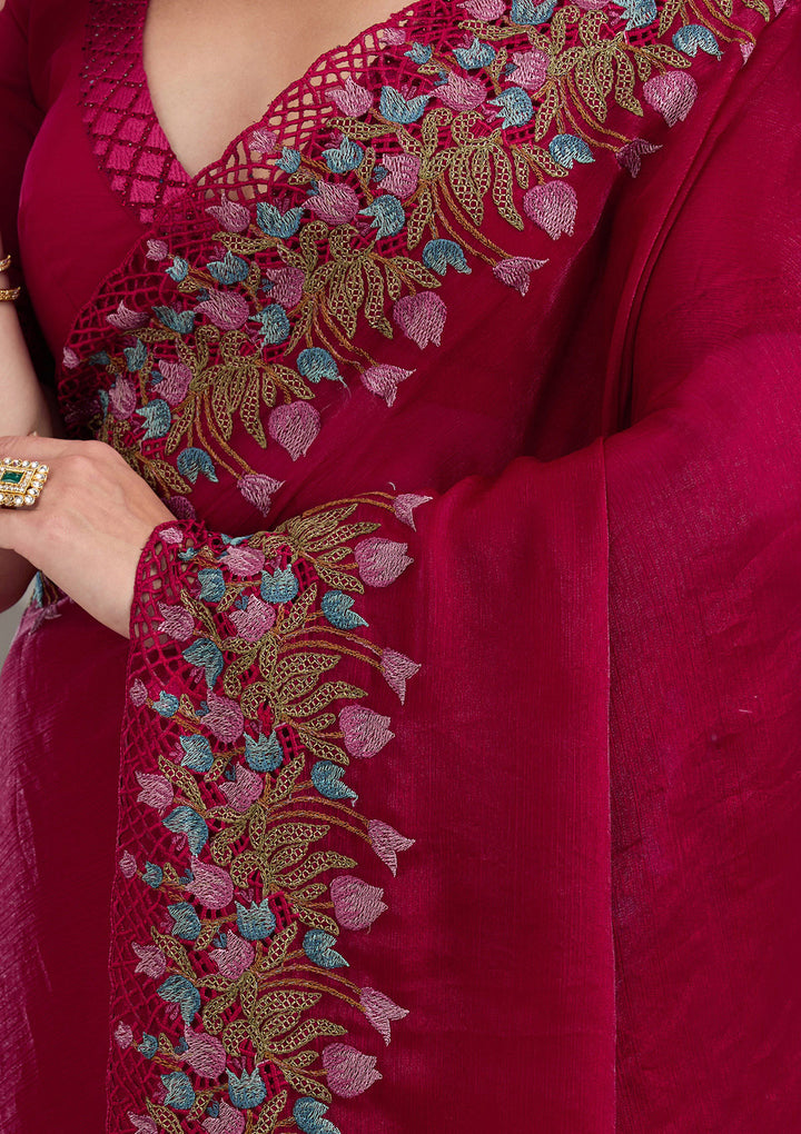 Red Threadwork Tissue Saree