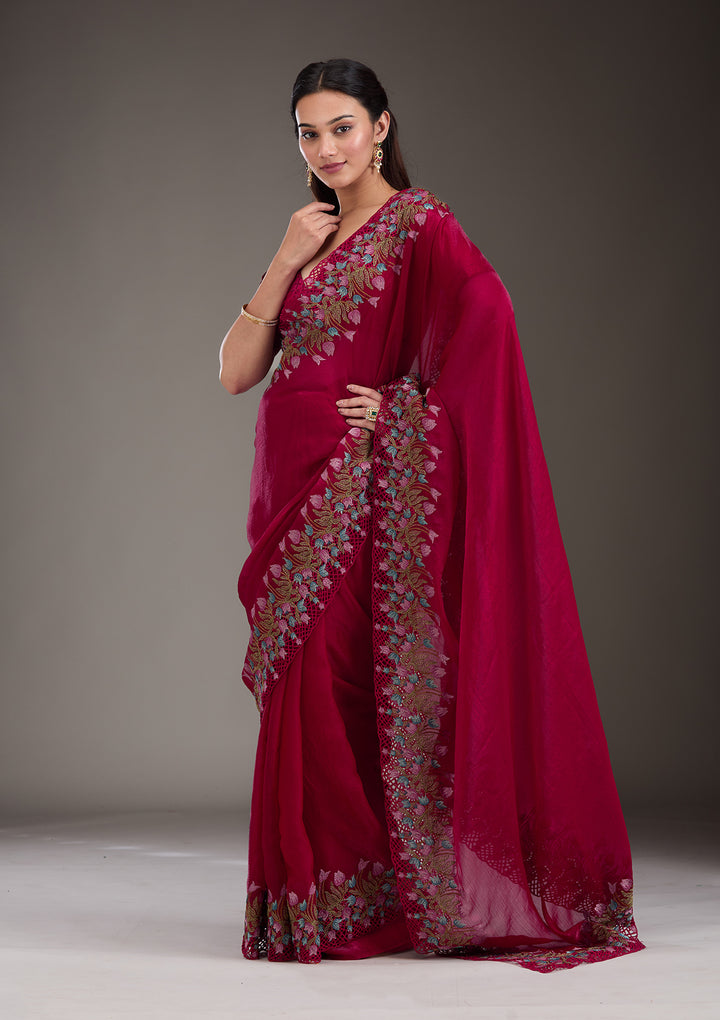 Red Threadwork Tissue Saree