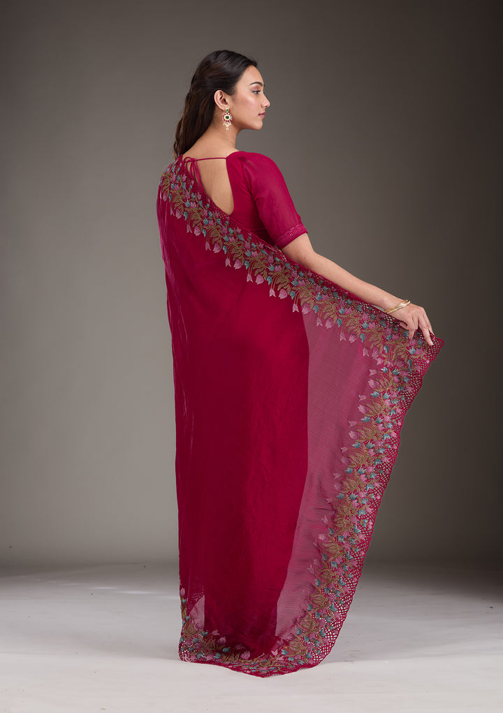Red Threadwork Tissue Saree