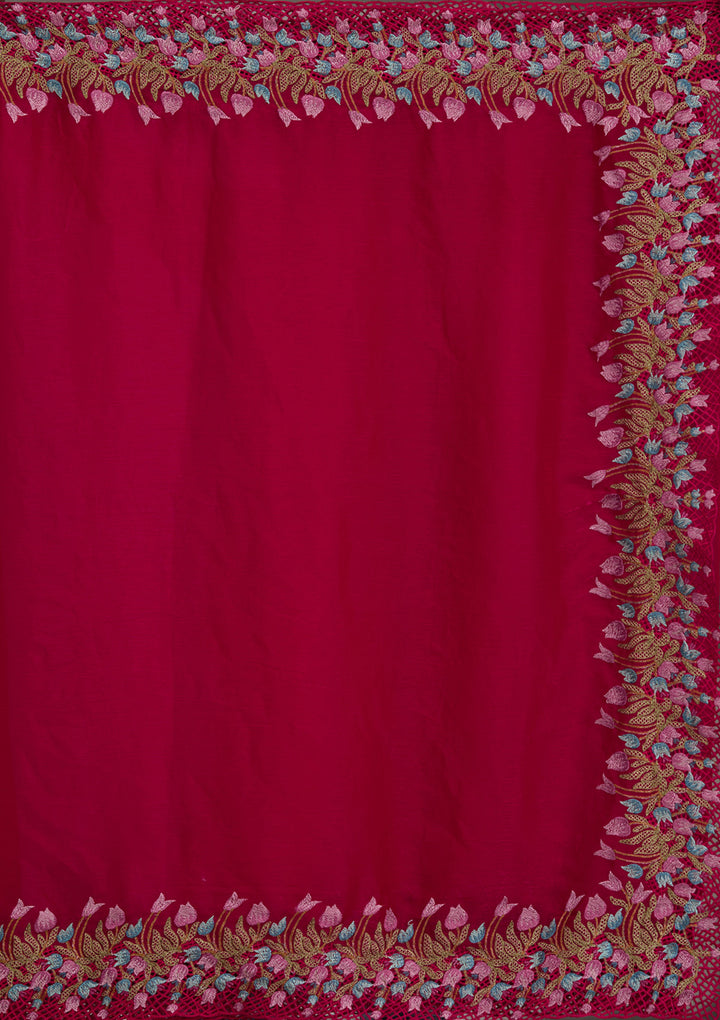 Red Threadwork Tissue Saree
