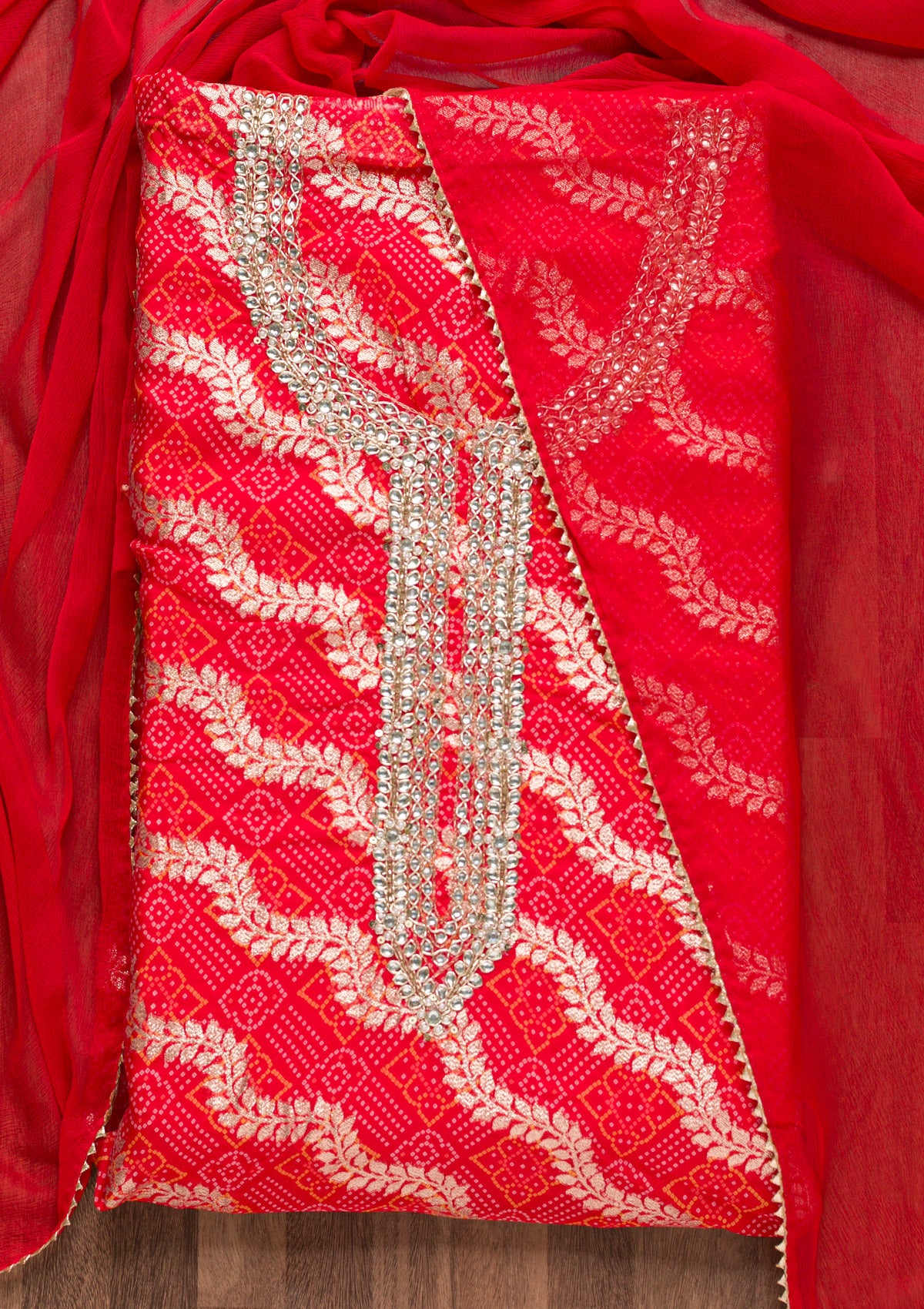 Red Zardosi Bandhini Unstitched Salwar Suit