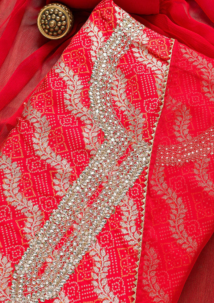 Red Zardosi Bandhini Unstitched Salwar Suit