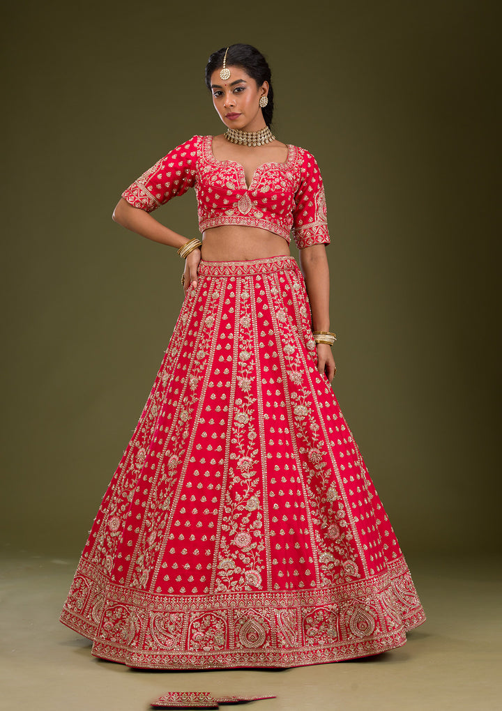 Red Zardosi Raw Silk Semi Stitched Lehenga