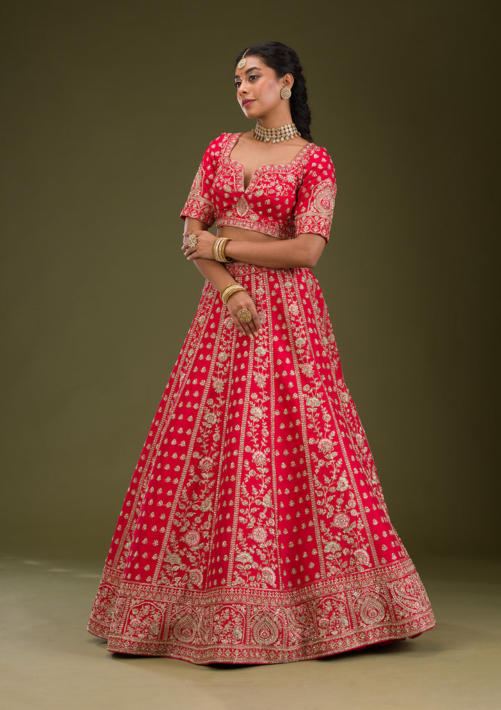 Red Zardosi Raw Silk Semi Stitched Lehenga