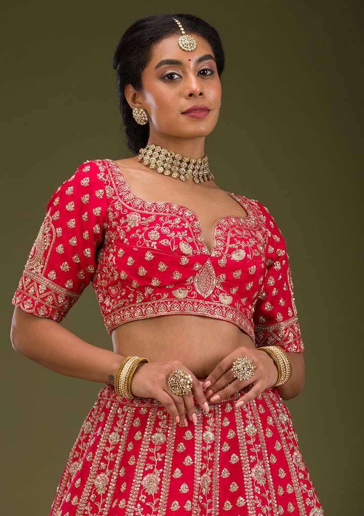 Red Zardosi Raw Silk Semi Stitched Lehenga
