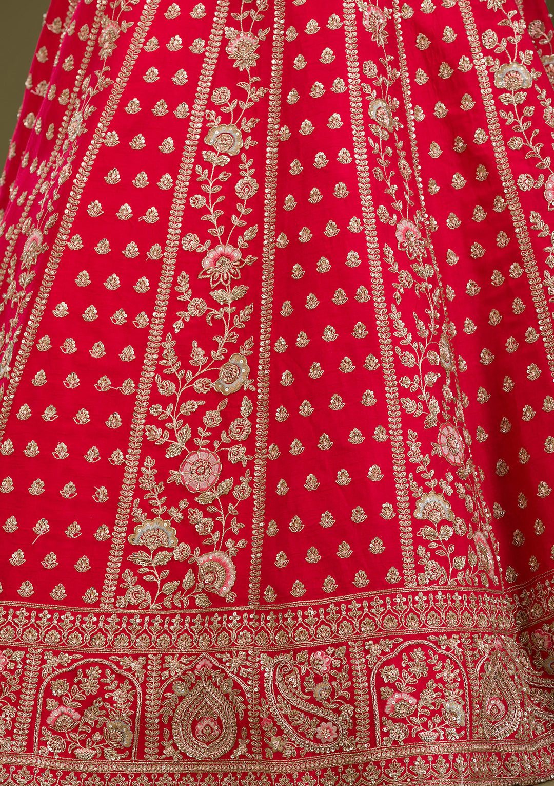 Red Zardosi Raw Silk Semi Stitched Lehenga