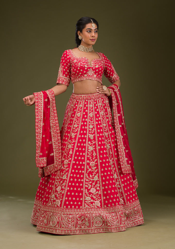 Red Zardosi Raw Silk Semi Stitched Lehenga