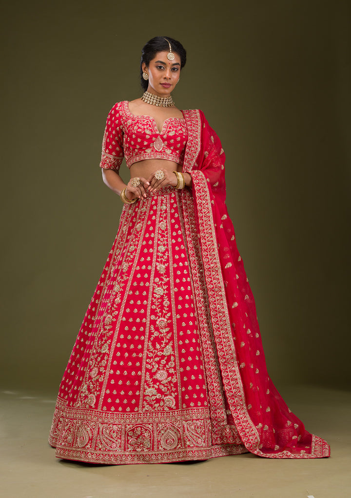 Red Zardosi Raw Silk Semi Stitched Lehenga