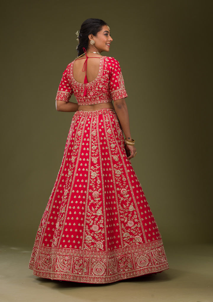 Red Zardosi Raw Silk Semi Stitched Lehenga