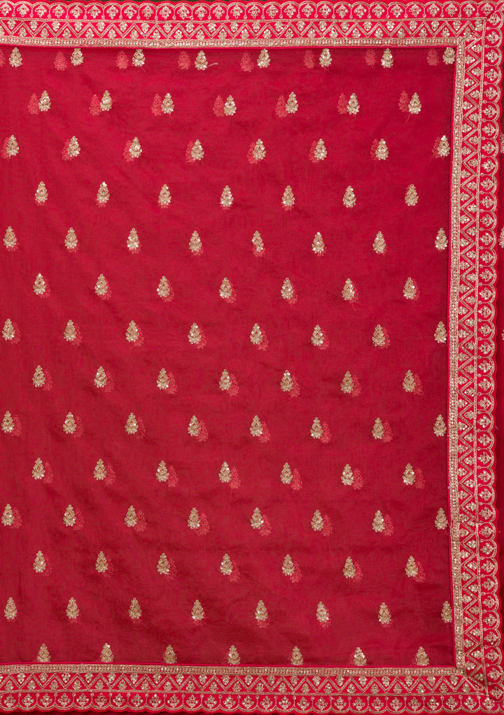 Red Zardosi Raw Silk Semi Stitched Lehenga