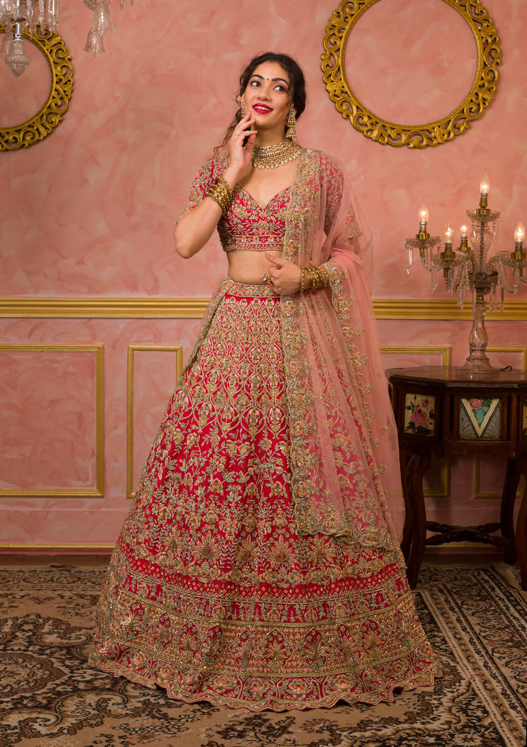Red Zardosi Velvet Readymade Lehenga-Koskii