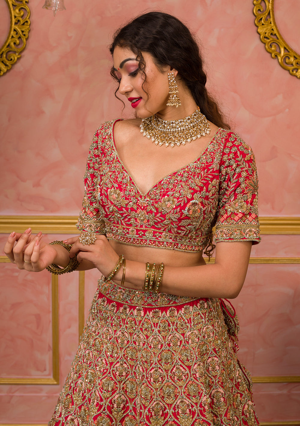 Red Zardosi Velvet Readymade Lehenga-Koskii