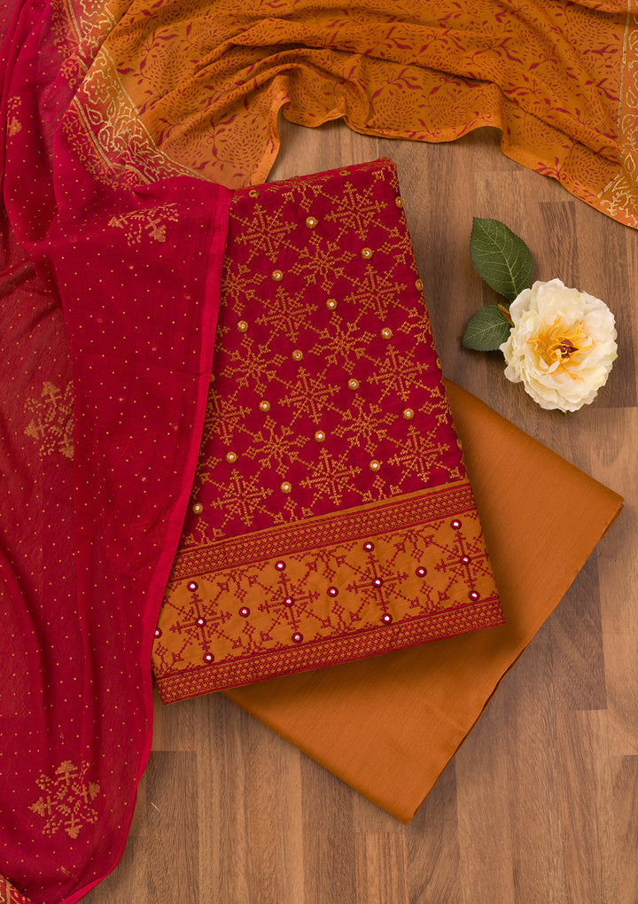 Red Zariwork Art Silk Unstitched Salwar Suit
