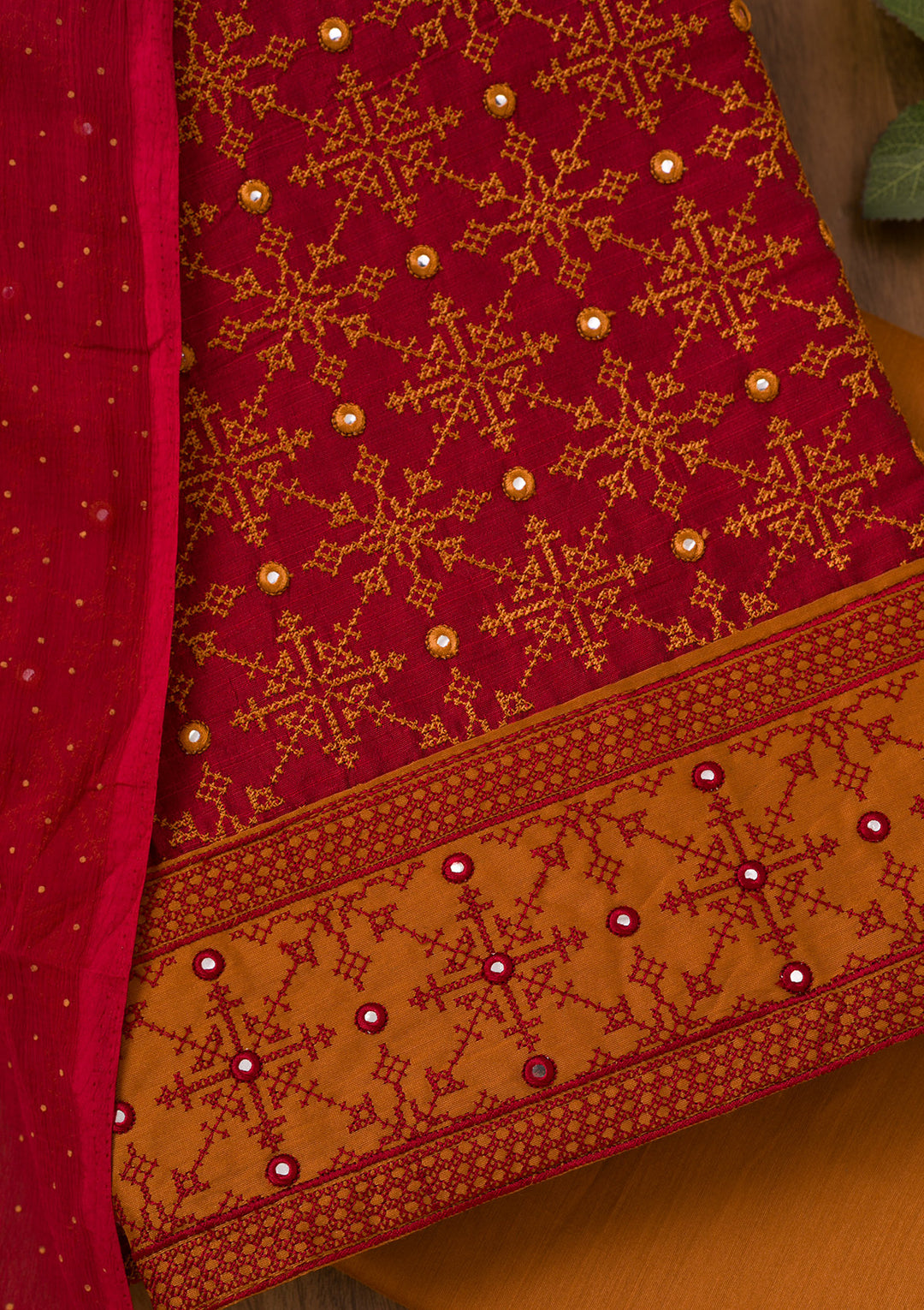 Red Zariwork Art Silk Unstitched Salwar Suit