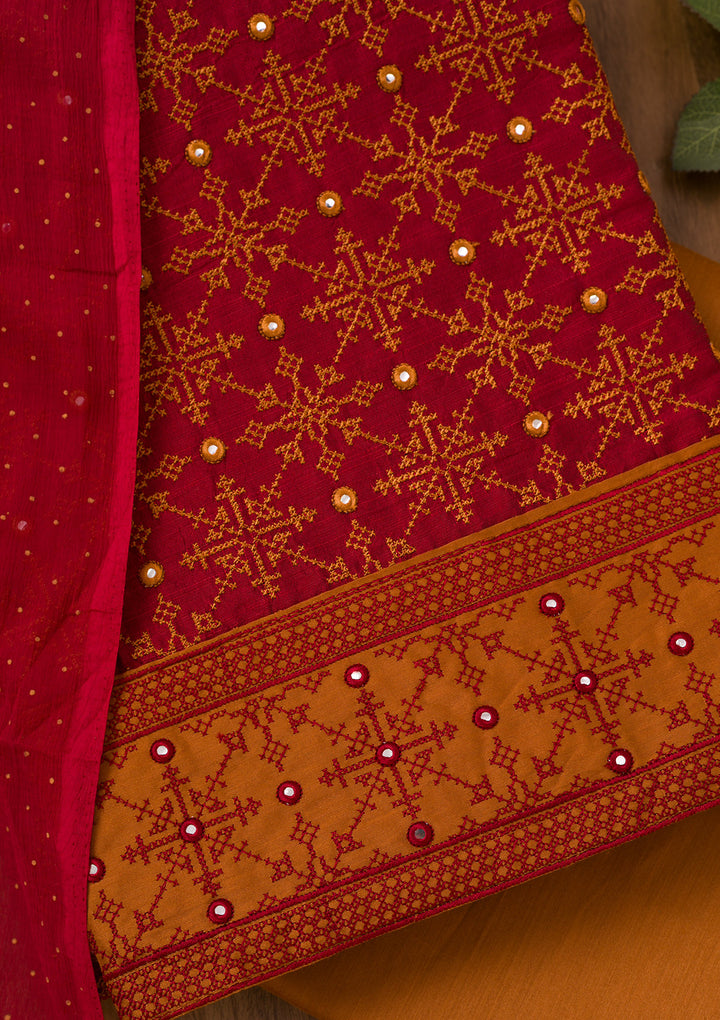 Red Zariwork Art Silk Unstitched Salwar Suit