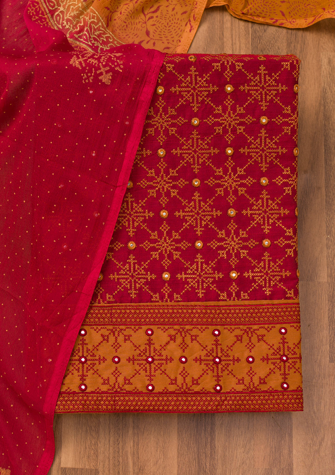 Red Zariwork Art Silk Unstitched Salwar Suit