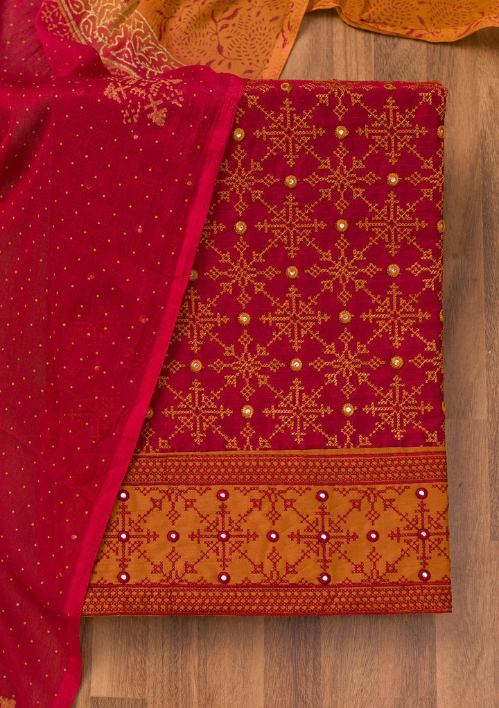 Red Zariwork Art Silk Unstitched Salwar Suit
