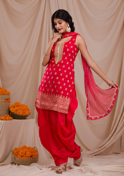 Red Zariwork Banarasi Readymade Salwar Suit-Koskii