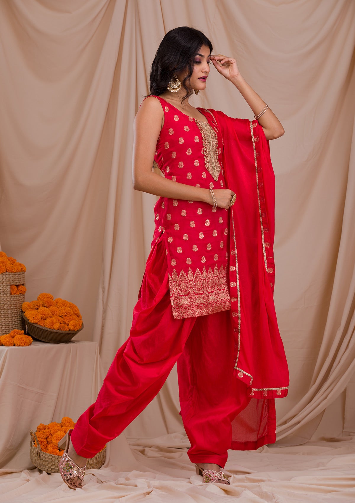 Red Zariwork Banarasi Readymade Salwar Suit-Koskii