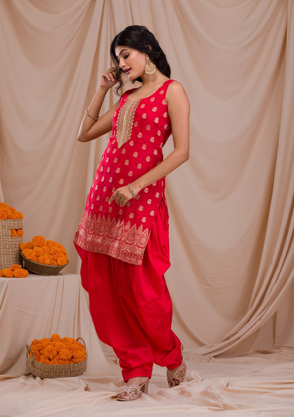 Red Zariwork Banarasi Readymade Salwar Suit-Koskii