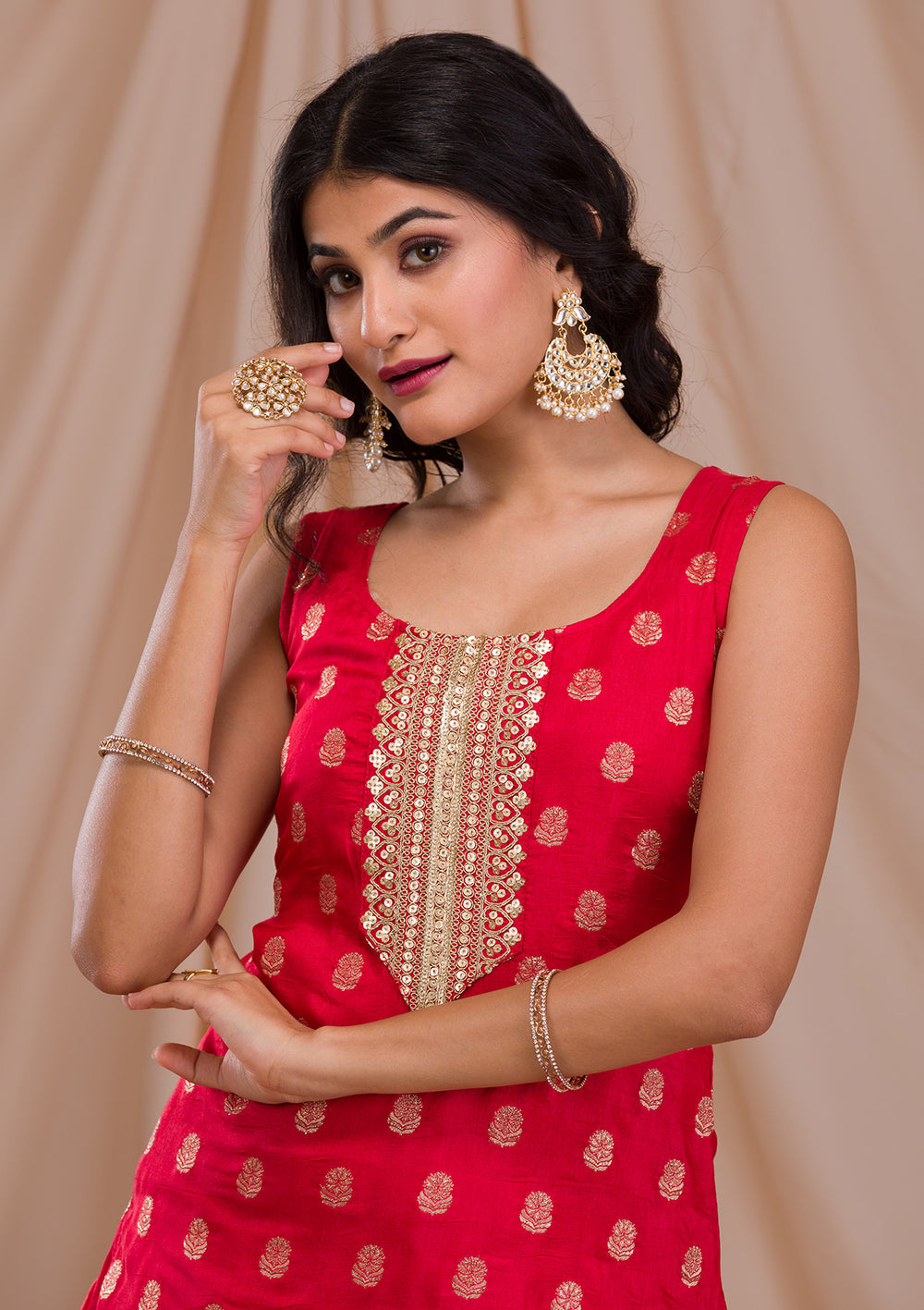 Red Zariwork Banarasi Readymade Salwar Suit-Koskii