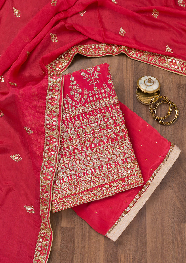 Red Zariwork Crepe Unstitched Salwar Suit