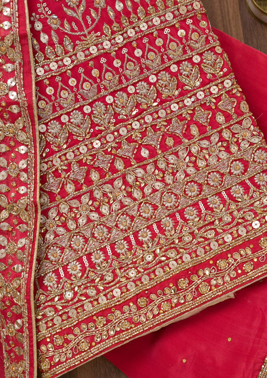 Red Zariwork Crepe Unstitched Salwar Suit