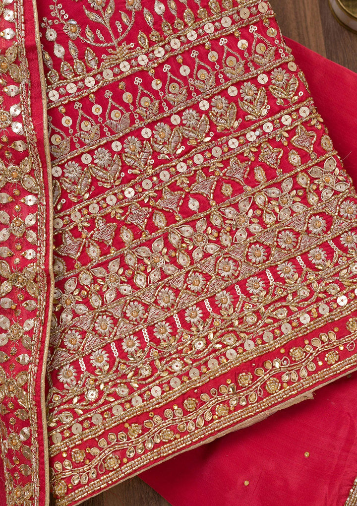 Red Zariwork Crepe Unstitched Salwar Suit
