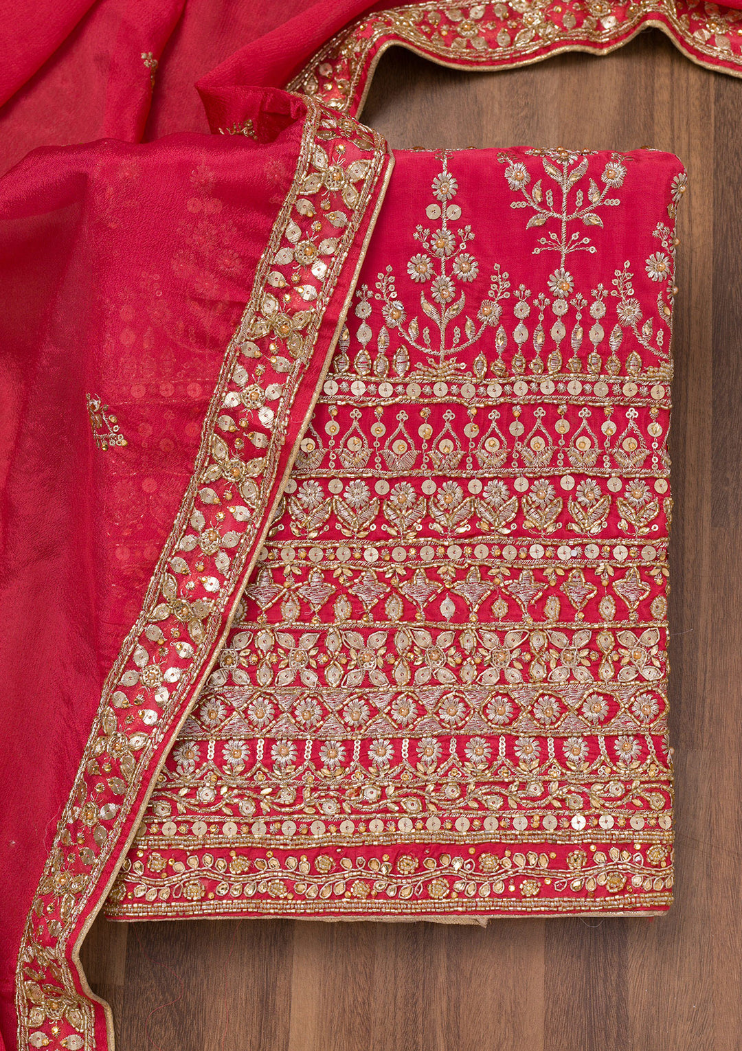 Red Zariwork Crepe Unstitched Salwar Suit