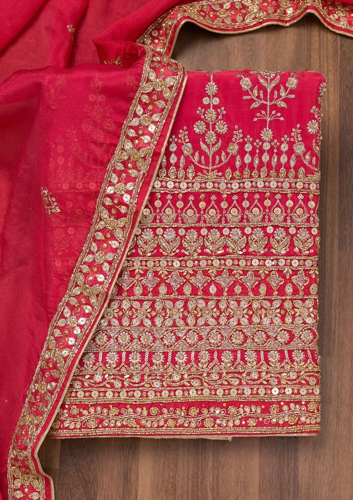 Red Zariwork Crepe Unstitched Salwar Suit