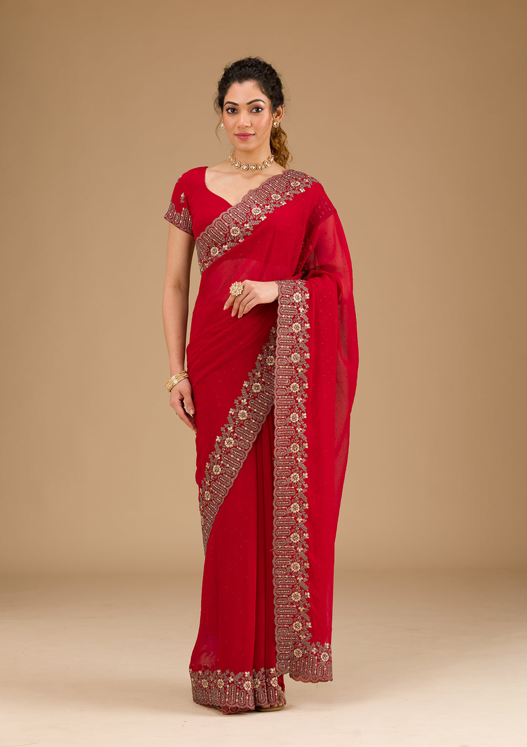 Red Zariwork Georgette Saree-Koskii