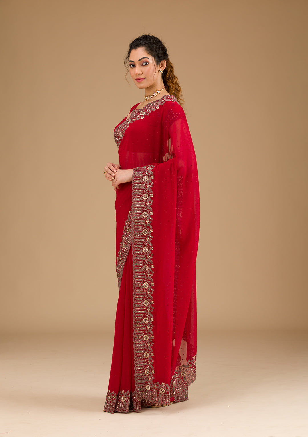 Red Zariwork Georgette Saree-Koskii