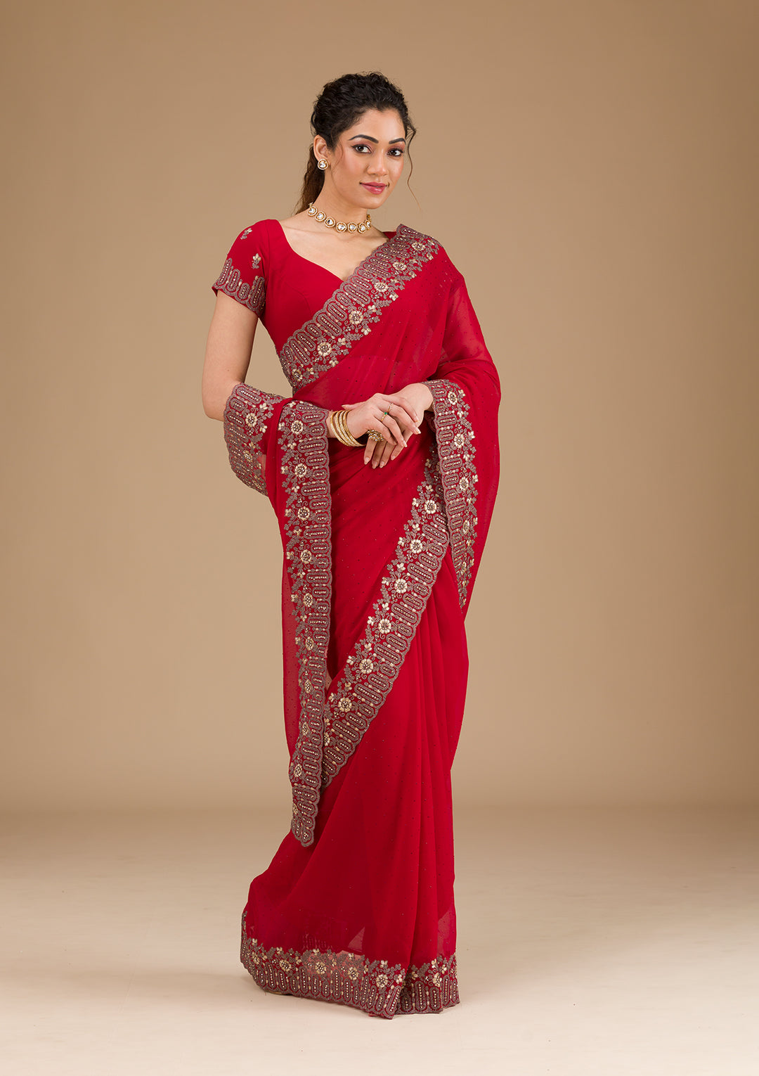 Red Zariwork Georgette Saree-Koskii