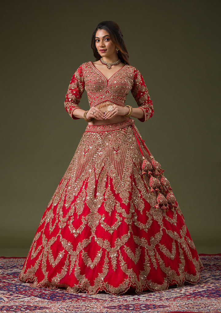 Red Zariwork Net Readymade Lehenga