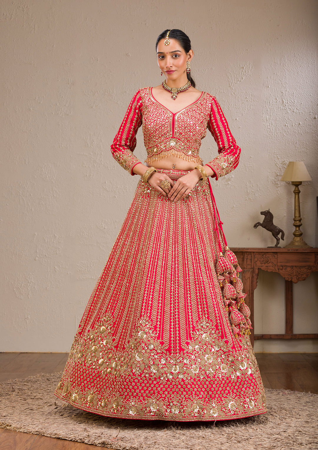 Red Zariwork Raw Silk Readymade Lehenga