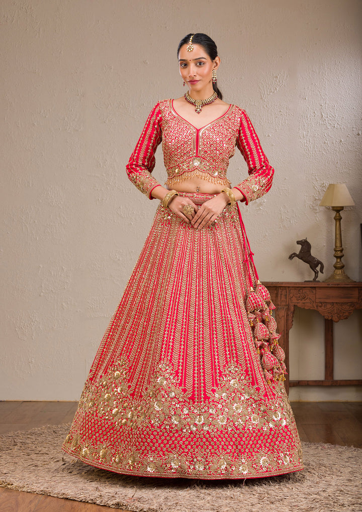 Red Zariwork Raw Silk Readymade Lehenga