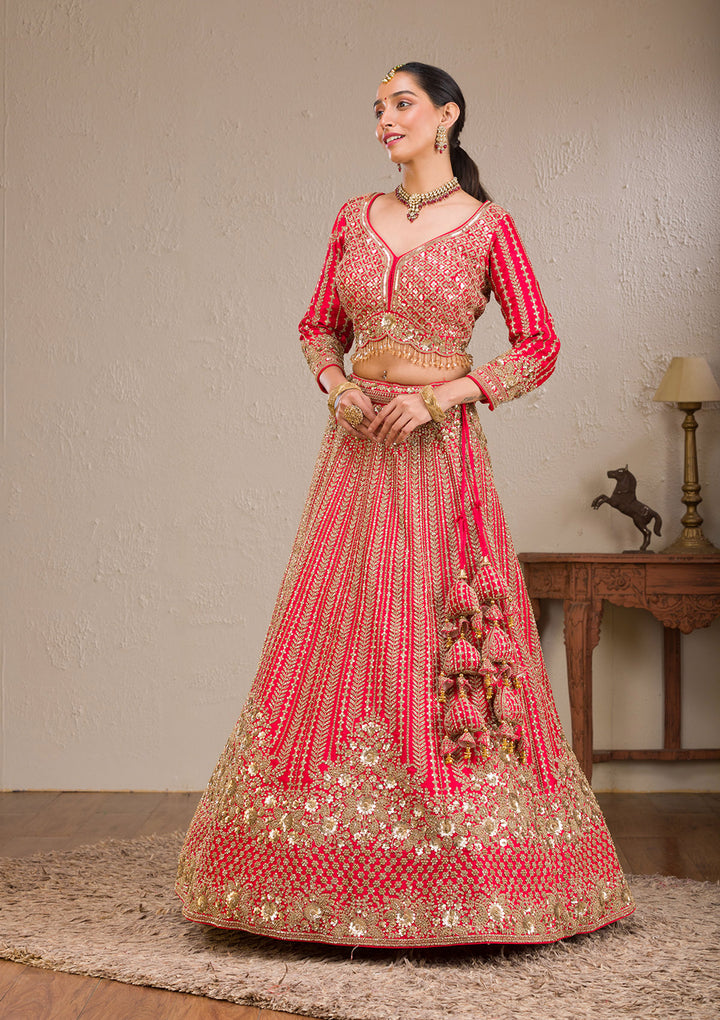 Red Zariwork Raw Silk Readymade Lehenga