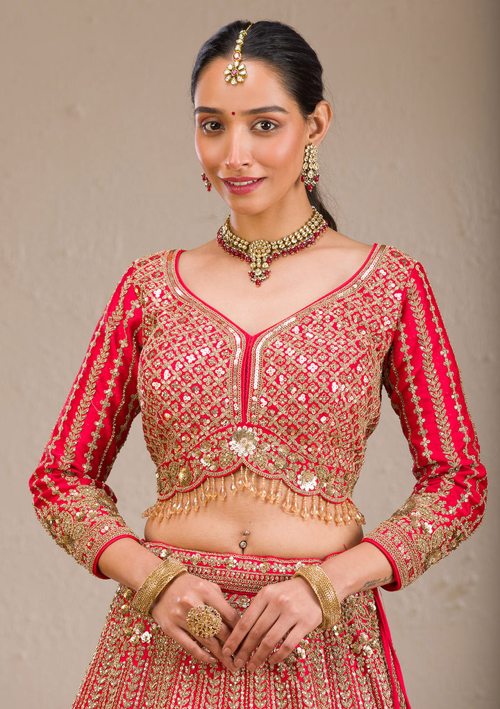 Red Zariwork Raw Silk Readymade Lehenga