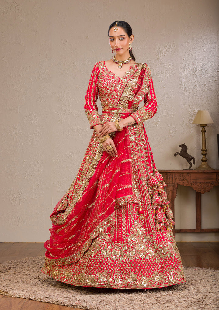 Red Zariwork Raw Silk Readymade Lehenga